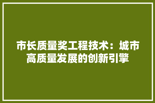 市长质量奖工程技术：城市高质量发展的创新引擎