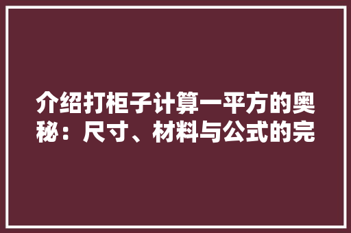 介绍打柜子计算一平方的奥秘：尺寸、材料与公式的完美融合 家居装修