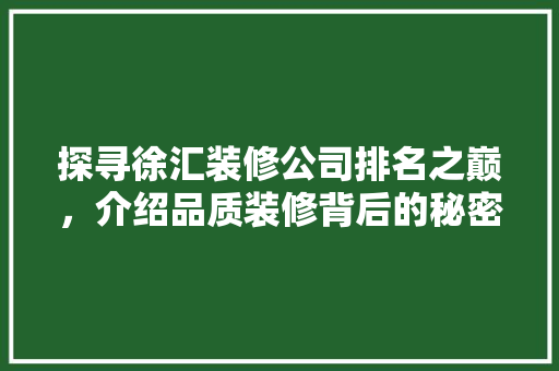 探寻徐汇装修公司排名之巅，介绍品质装修背后的秘密 软装设计